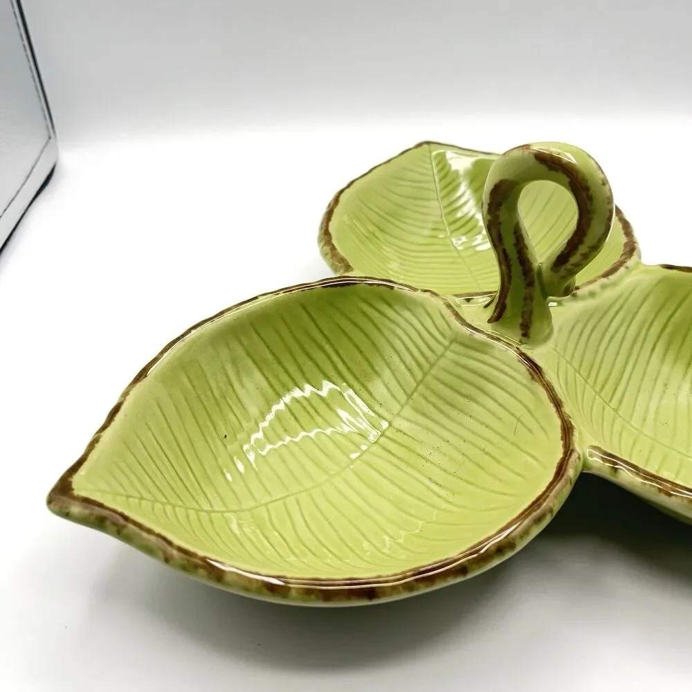 Pottery Barn Tropical Green Leaf Trio Candy Snack Serving Dish 11” w/Handle
